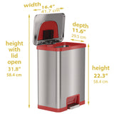 HLS Commercial® Step Pedal-Sensor Trash Can, 13 gal, Plastic/Stainless Steel, Silver/Red (HLMHLS13SR) Each