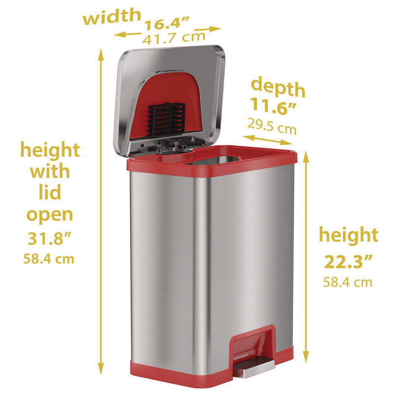 HLS Commercial® Step Pedal-Sensor Trash Can, 13 gal, Plastic/Stainless Steel, Silver/Red (HLMHLS13SR) Each