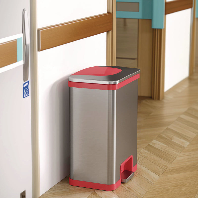 HLS Commercial® Step Pedal-Sensor Trash Can, 13 gal, Plastic/Stainless Steel, Silver/Red (HLMHLS13SR) Each