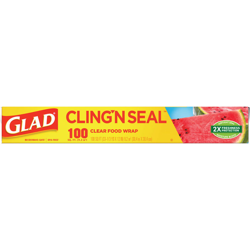 Glad Cling'N Seal Plastic Food Wrap, 12" x 33.3 yd, 100 sq ft Roll, 16 Rolls/Carton (CLO60684) Case of 16