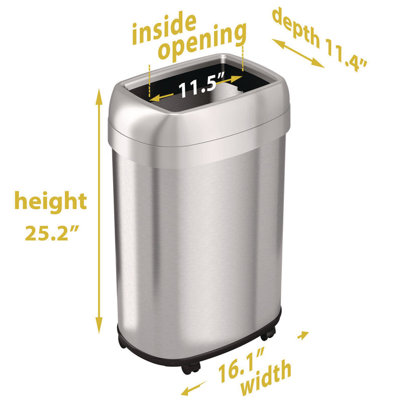 HLS Commercial® Open Top Trash Can with Wheels, Oval, 13 gal, Plastic/Stainless Steel, Silver (HLMHLS13STVM) Each