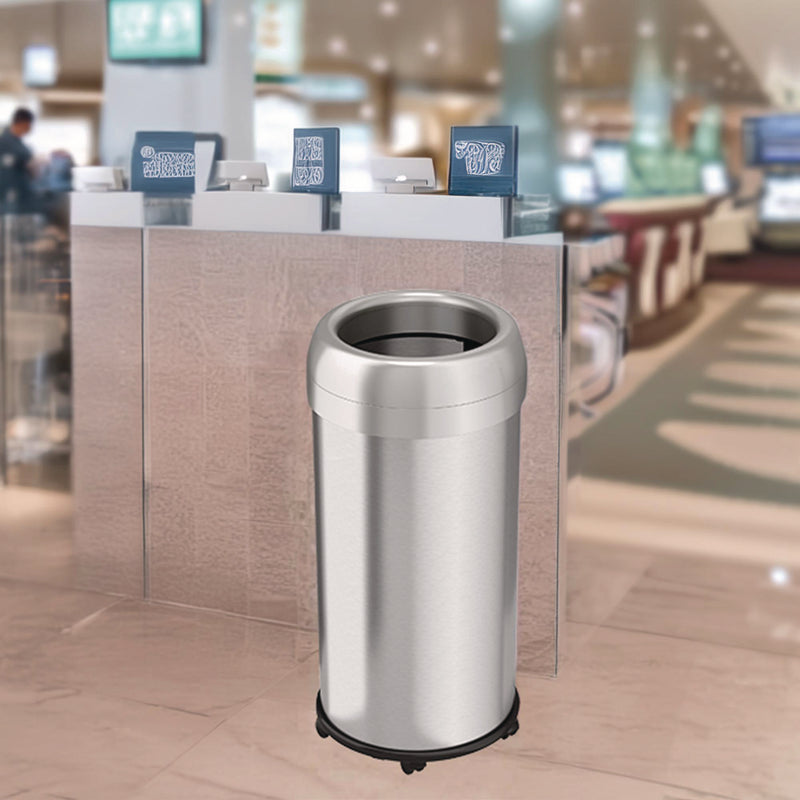 HLS Commercial® Open Top Trash Can with Wheels, Round, 16 gal, Plastic/Stainless Steel, Silver (HLMHLS16STRM) Each