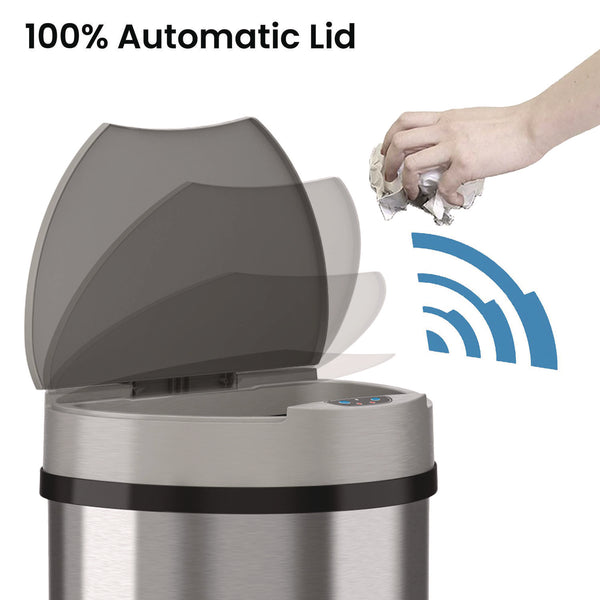 HLS Commercial® Sensor Trash Can, Half-Round Cylinder, 13 gal, Plastic/Stainless Steel, Silver (HLMHLS13HX) Each