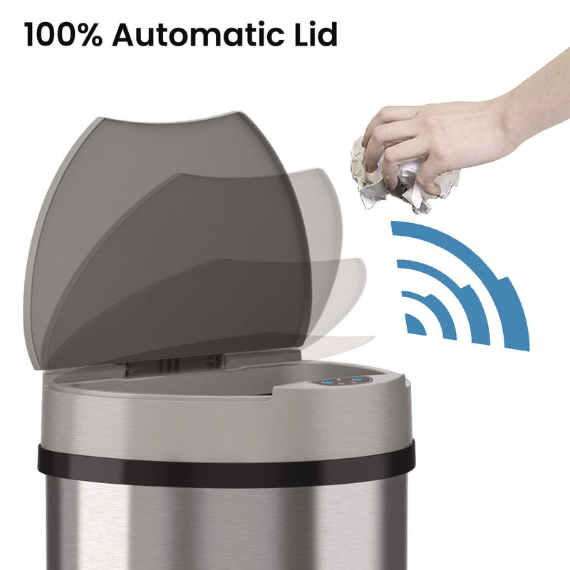 HLS Commercial® Sensor Trash Can, Half-Round Cylinder, 13 gal, Plastic/Stainless Steel, Silver (HLMHLS13HX) Each