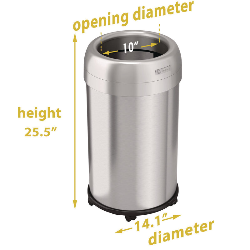 HLS Commercial® Open Top Trash Can with Wheels, Round, 13 gal, Plastic/Stainless Steel, Silver (HLMHLS13STRM) Each