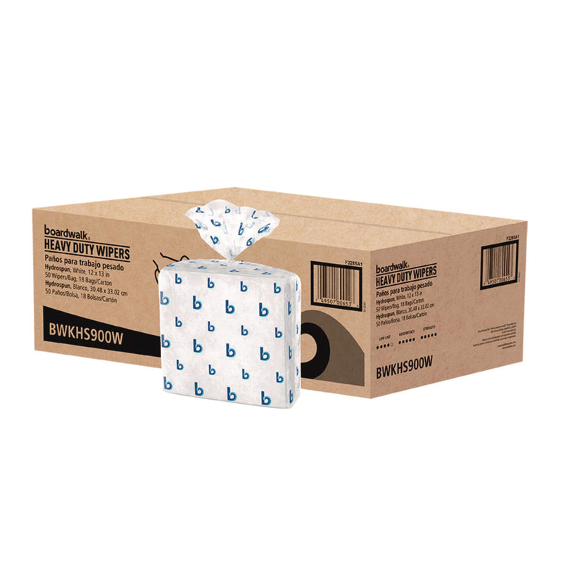 Boardwalk® Hydrospun Wipers, 1-Ply, 12 x 13, White, 50/Bag, 18 Bags/Carton (BWKHS900W) Case of 18