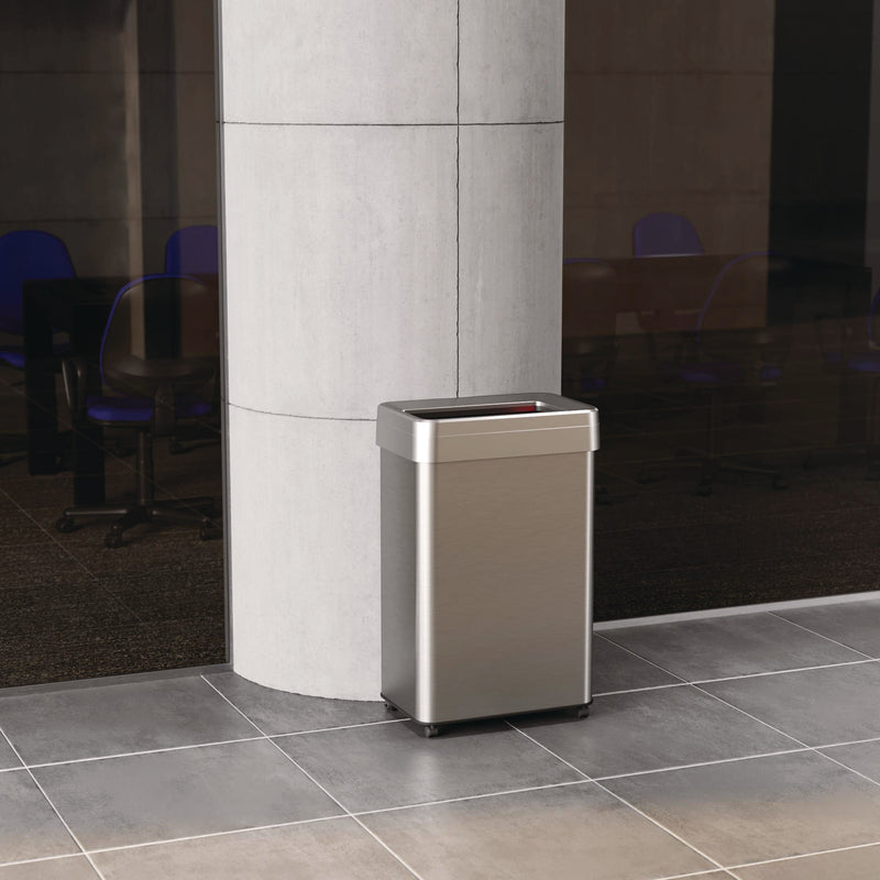 HLS Commercial® Open Top Trash Can with Wheels, Rectangular, 16 gal, Plastic/Stainless Steel, Silver (HLMHLS16UOTM) Each