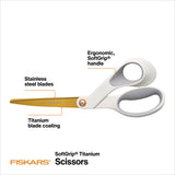 Fiskars® SoftGrip Titanium Scissors, 8" Long, 4" Cut Length, Offset White Handle (FSK1069766) Each