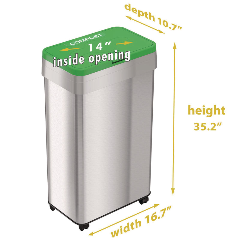 HLS Commercial® Open Top Compost Bin with Wheels and Color-Coded Lid, 21 gal, Plastic/Stainless Steel, Silver/Green (HLMHLS21UOTMCOP) Each