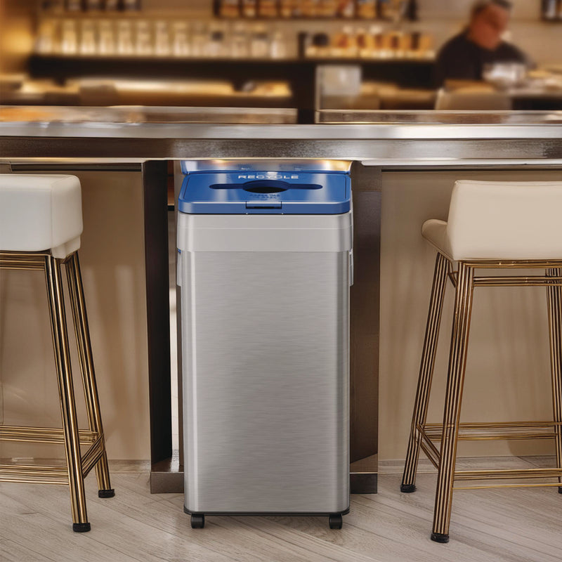 HLS Commercial® Open Top Recycling Bin with Wheels and Color-Coded Lid, 21 gal, Plastic/Stainless Steel, Silver/Blue (HLMHLS21UOTMREC) Each