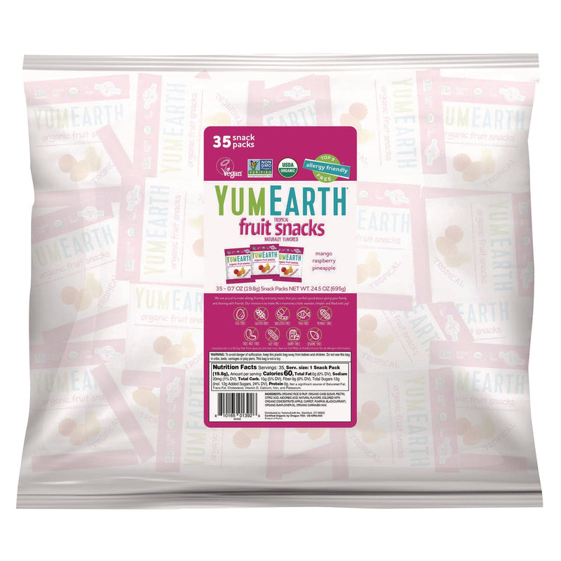 YumEarth Organic Tropical Fruit Pack Snacks, Assorted Flavors, 0.7 oz Bag, 35/Carton (GRR22002294) Case of 35