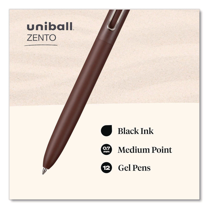uniball® Zento Gel Pen, Retractable, Medium 0.7 mm, Black Ink, Adobe/Linen/Mist/Umber Barrel Colors, Dozen (UBC70660) 1 Dozen