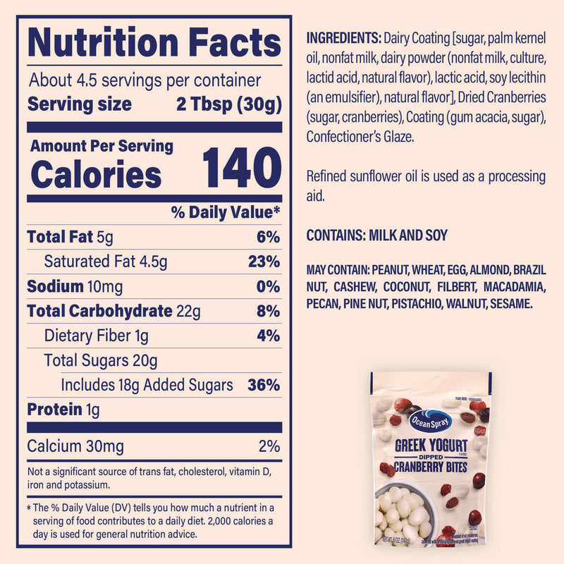 Ocean Spray® Greek Yogurt Dipped Cranberry Bites, Cranberry/Yogurt, 5 oz Bag, 12/Carton (GRR22002298) Case of 12