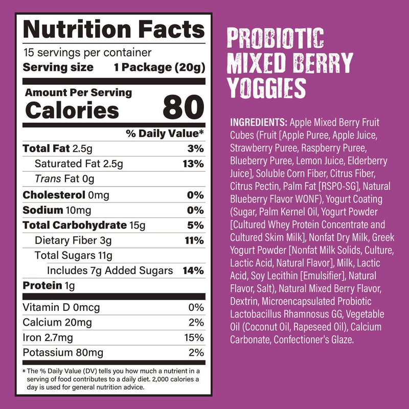 Nature's Garden Probiotic Yoggies Variety Snack Pack, Assorted Flavors, 0.7 oz Bag, 30/Carton (GRR22002303) Case of 30