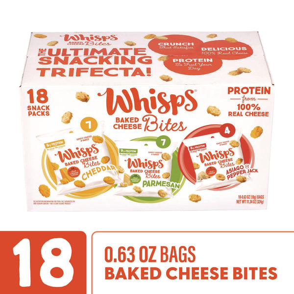 Whisps® Baked Cheese Bites Variety Snack Packs, Assorted Flavors, 0.63 oz Packet, 18/Carton (GRR22002347) Case of 18