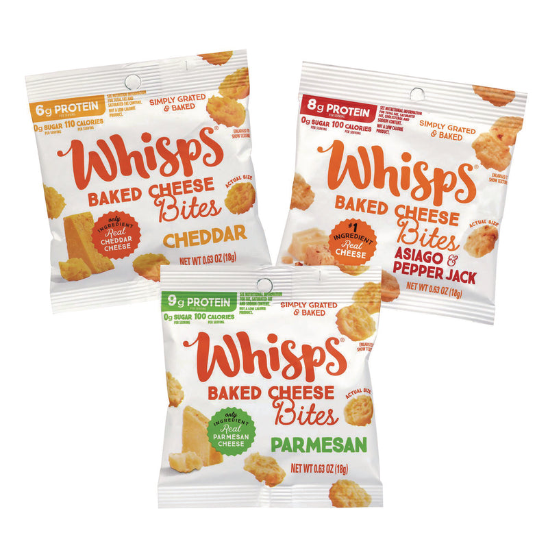 Whisps® Baked Cheese Bites Variety Snack Packs, Assorted Flavors, 0.63 oz Packet, 18/Carton (GRR22002347) Case of 18