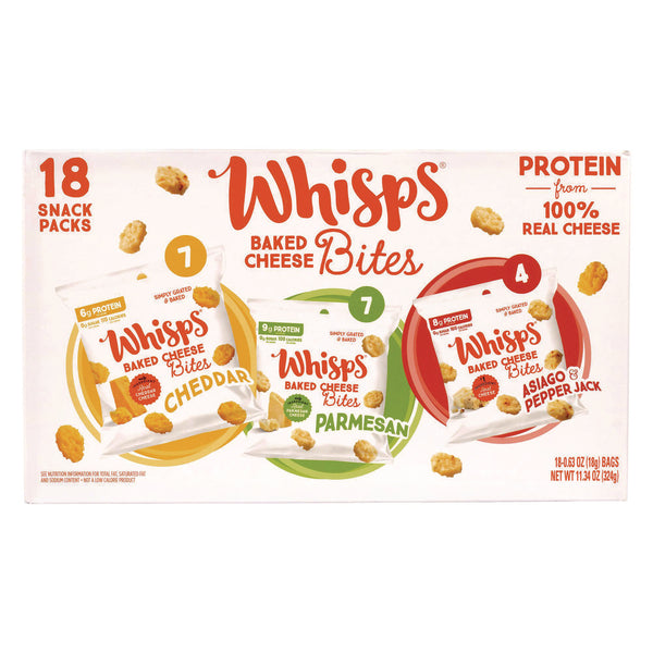 Whisps® Baked Cheese Bites Variety Snack Packs, Assorted Flavors, 0.63 oz Packet, 18/Carton (GRR22002347) Case of 18