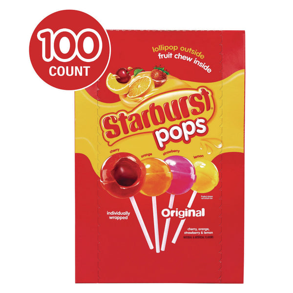 Starburst® Pops Fruit Chew Filled Lollipops Variety Pack, Assorted Flavors, 0.6 oz Individually Wrapped Lollipops, 100/Carton (GRR22002358) Case of 100