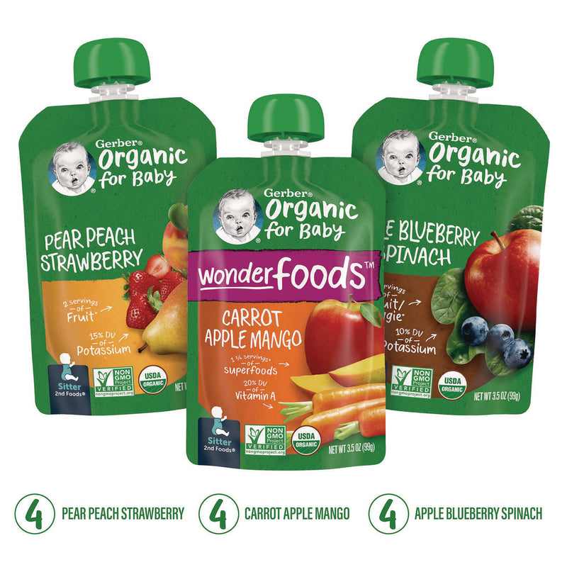 Gerber® Organic 2nd Foods Baby Food Pouches, Assorted Flavors, 3.5 oz Pouch, 12/Carton (GRR22002367) Case of 12