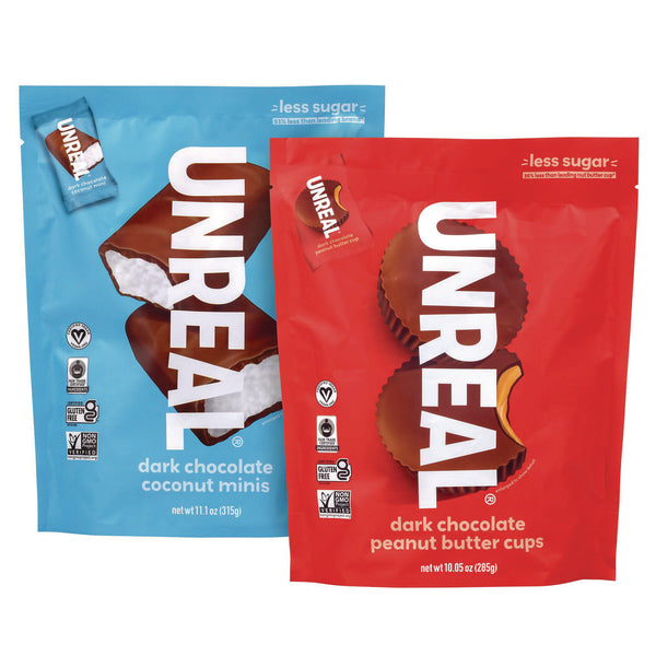 UNREAL® Dark Chocolate Coconut Minis and PB Cups Variety, 11.1 oz Bag (Dk Chocolate Coconut), 10.05 oz Bag (Dk Chocolate PB), 2/CT (GRR60003006) Case of 2