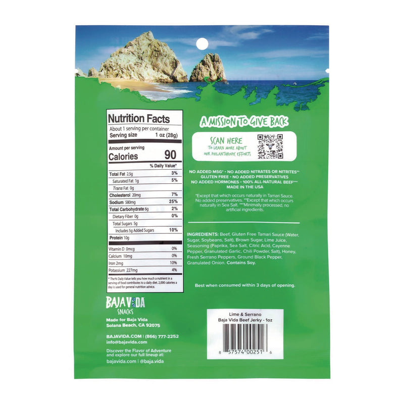 Baja Jerky Beef Jerky Lime and Serrano Pepper Snack Pack, Lime and Serrano Pepper, 1 oz Packet, 12/Carton (GRR22002307) Case of 12