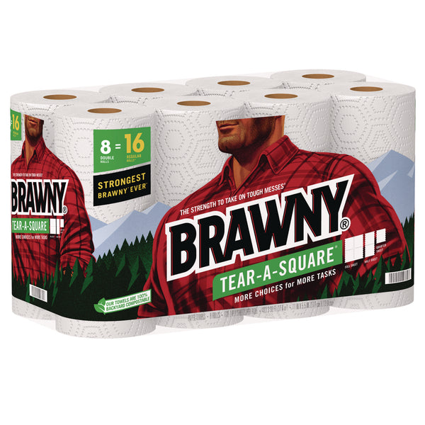 Brawny® Tear-A-Square Perforated Kitchen Roll Towels, Double Roll, 2-Ply, 11" x 11", White, 120 Sheets/Roll, 8 Rolls/Pack (GPC443665) Each