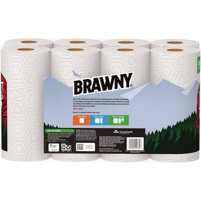 Brawny® Tear-A-Square Perforated Kitchen Roll Towels, Double Roll, 2-Ply, 11" x 11", White, 120 Sheets/Roll, 8 Rolls/Pack (GPC443665) Each