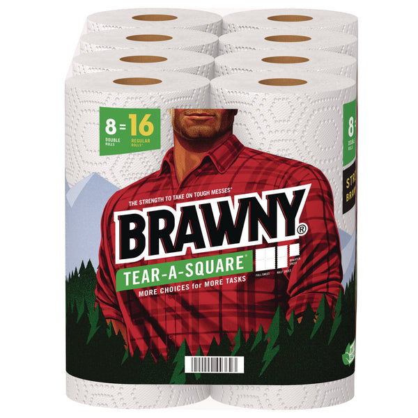 Brawny® Tear-A-Square Perforated Kitchen Roll Towels, Double Roll, 2-Ply, 11" x 11", White, 120 Sheets/Roll, 8 Rolls/Pack (GPC443665) Each