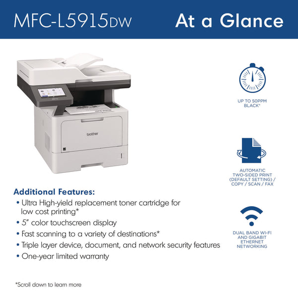 Brother MFC-L5915DW Business Monochrome AIO Laser Printer, Copy/Fax/Print/Scan (BRTMFCL5915DW)