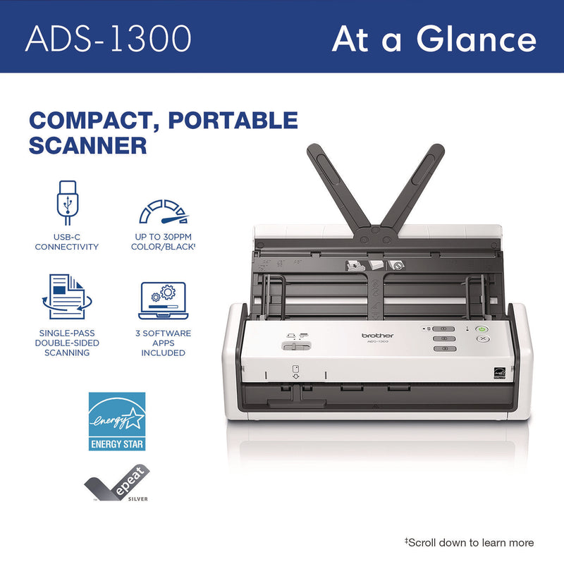 Brother ADS-1300 Compact Desktop Scanner, 600 dpi x 600 dpi Optical Resolution, 20-Sheet Duplex Auto Document Feeder (BRTADS1300)