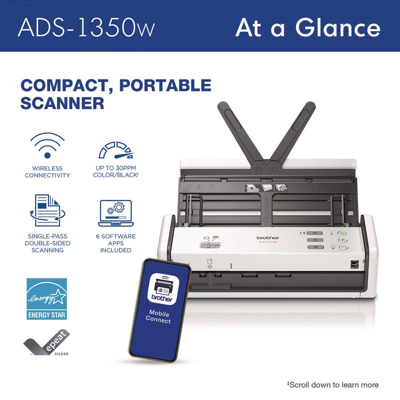 Brother ADS-1350W Compact Desktop Scanner, 600 dpi x 600 dpi Optical Resolution, 20-Sheet Duplex Auto Document Feeder (BRTADS1350W)