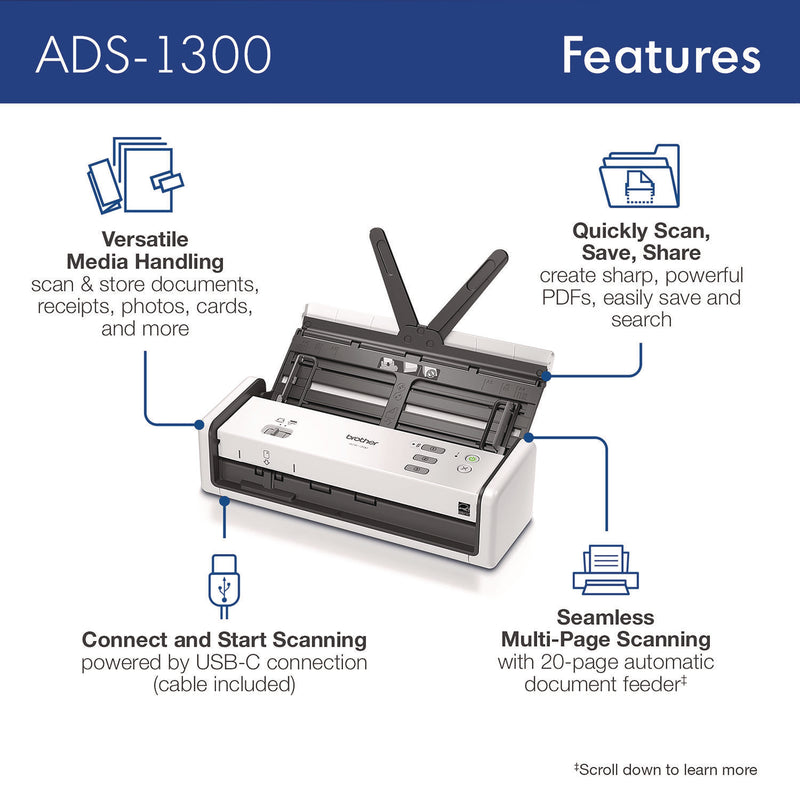 Brother ADS-1300 Compact Desktop Scanner, 600 dpi x 600 dpi Optical Resolution, 20-Sheet Duplex Auto Document Feeder (BRTADS1300)