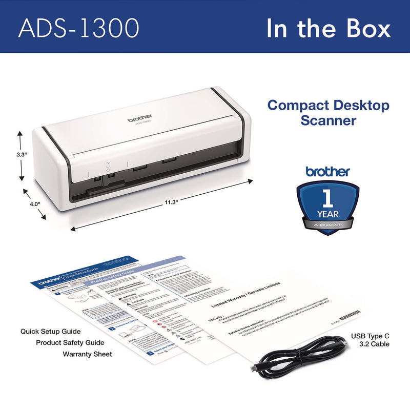 Brother ADS-1300 Compact Desktop Scanner, 600 dpi x 600 dpi Optical Resolution, 20-Sheet Duplex Auto Document Feeder (BRTADS1300)