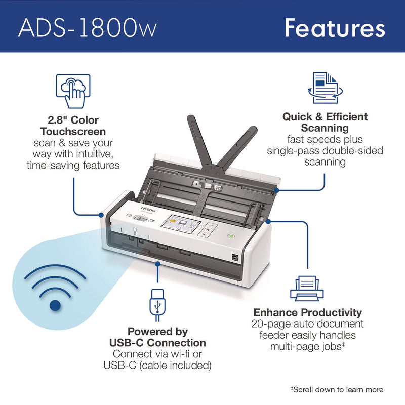 Brother ADS-1800W Compact Desktop Scanner, 600 dpi x 600 dpi Optical Resolution, 20-Sheet Duplex Auto Document Feeder (BRTADS1800W)