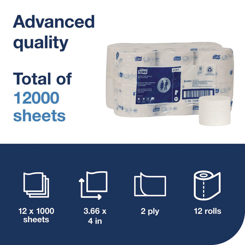 Tork® Advanced Coreless High Capacity Bath Tissue, 2-Ply, White, 1,000 Sheets/Roll, 12 Rolls/Carton (TRK472881) Case of 12