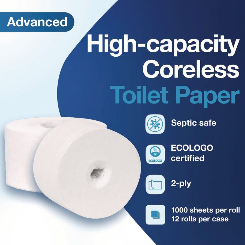 Tork® Advanced Coreless High Capacity Bath Tissue, 2-Ply, White, 1,000 Sheets/Roll, 12 Rolls/Carton (TRK472881) Case of 12