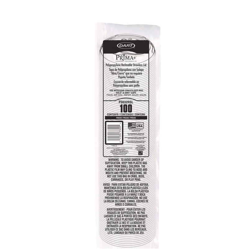 Dart® Prima Strawless Plastic Lids, Fits 30 oz to 32 oz Cold Cups, Clear, 100 Lids/Sleeve, 12 Sleeves/Carton (DCCP3032RSL) Case of 1200