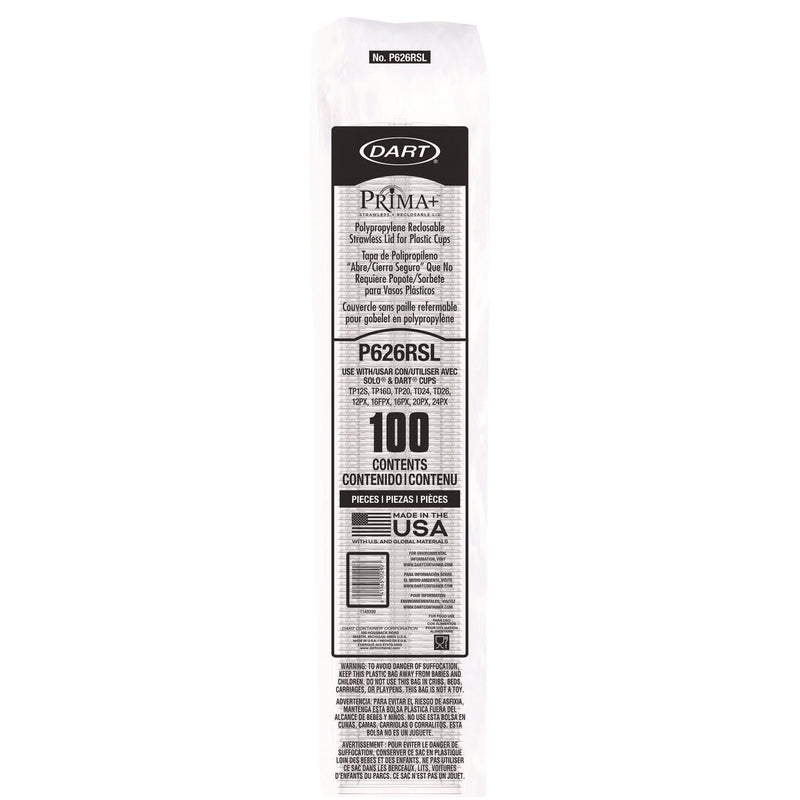 Dart® Prima Strawless Plastic Lids, Fits 12 oz to 26 oz Cups, Clear, 100 Lids/Sleeve, 10 Sleeves/Carton (DCCP626RSL) Case of 1000
