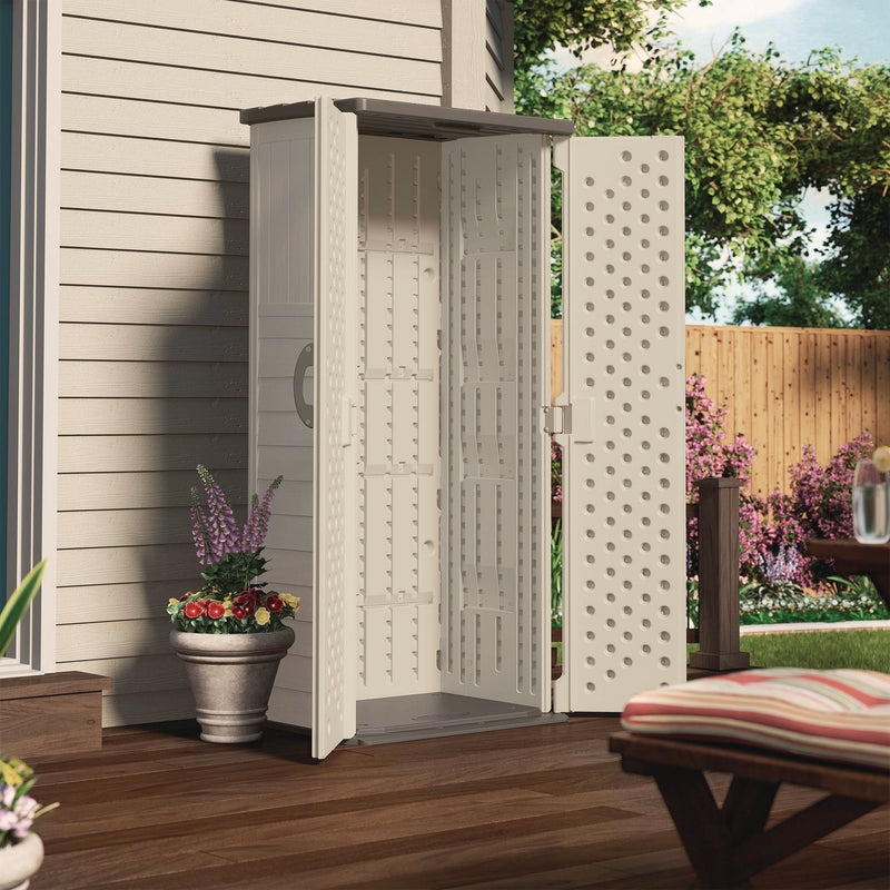 Suncast Commercial® Vertical Storage Shed, 22 cu ft, 2 ft 8.25" x 2 ft 1.5" x 6 ft, Vanilla/Stoney (SUABMS1250) Each