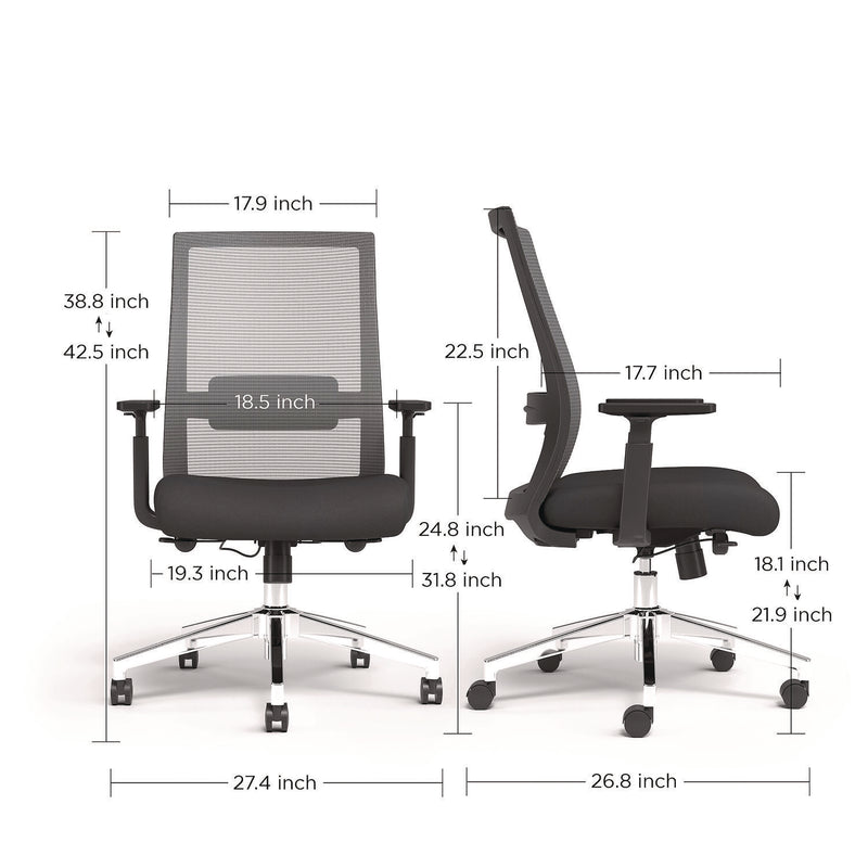 Alera® Ashdale Ergonomic Fabric Swivel Task Chair, Supports Up to 275 lb, 18.15 to 21.89 Seat Height, Black Seat/Back, Black Base (ALEAD41BME17) Each