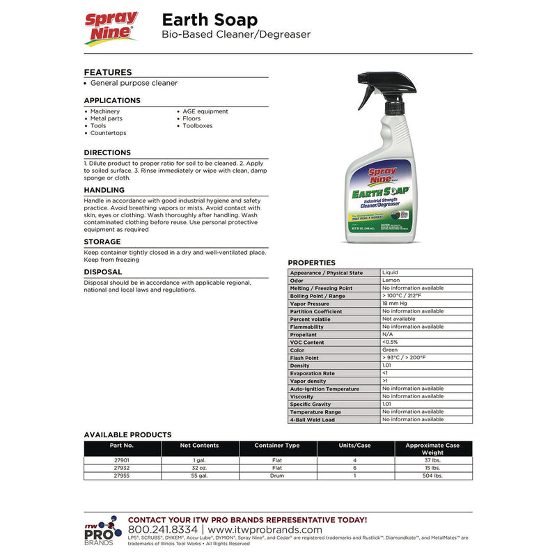 Spray Nine Earth Soap Concentrated Cleaner/Degreaser, 1gal Bottle, 4/Carton (ITW27901) Case of 4