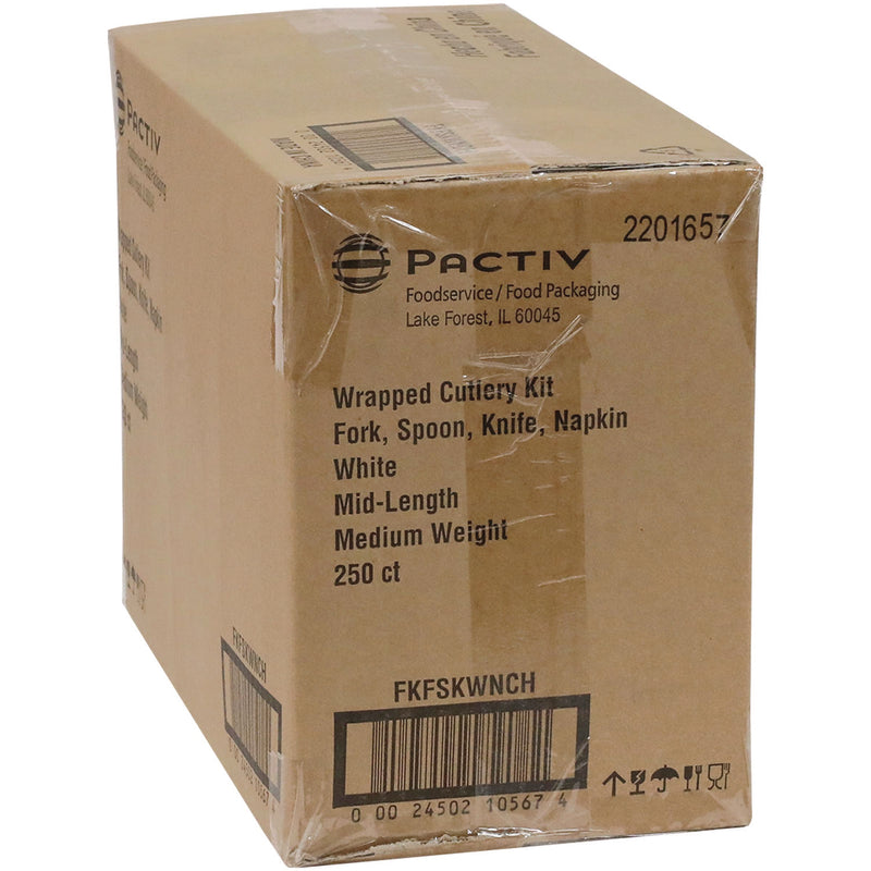 Pactiv Evergreen Fieldware Cutlery, Individually Wrapped, Fork, Knife, Teaspoon, Napkin, White, 250/Carton (PCTFKFSKWNCH) Case of 250