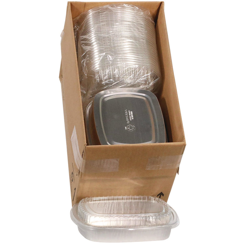 Pactiv Evergreen Classic Carry-Out Container with PET Dome Lid, 46 oz, 9.8 x 7.8 x 1.3, Silver, 50/Carton (PCTY6710PET) Case of 50