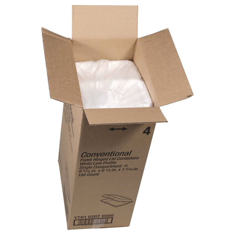 Pactiv Evergreen Conventional Foam Hinged Lid Container, Very Shallow, 9 x 6.5 x 1, White, 150/Carton (PCTYTH102070000) Case of 150