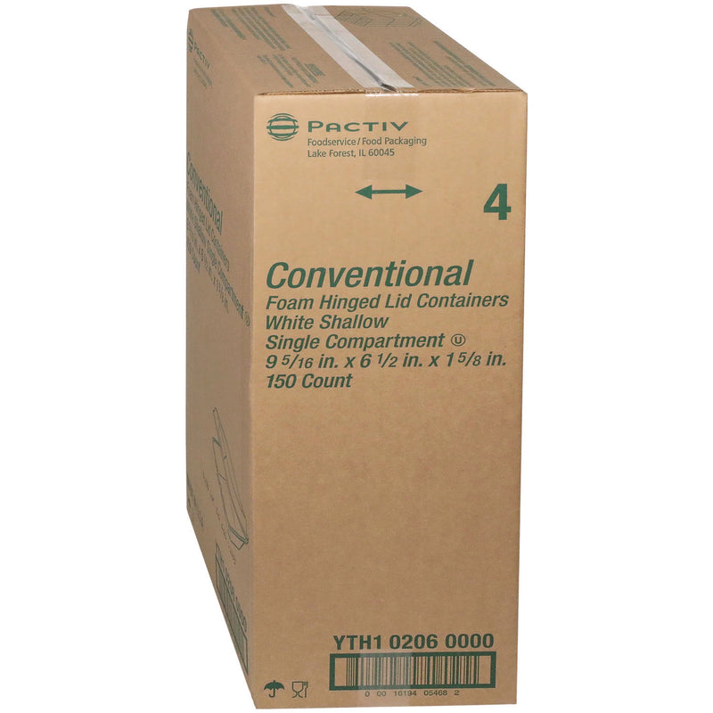 Pactiv Evergreen Conventional Foam Hinged Lid Container, Shallow, 9 x 6.5 x 1.6, White, 150/Carton (PCTYTH102060000) Case of 150
