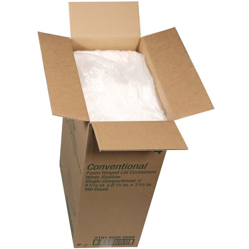 Pactiv Evergreen Conventional Foam Hinged Lid Container, Shallow, 9 x 6.5 x 1.6, White, 150/Carton (PCTYTH102060000) Case of 150