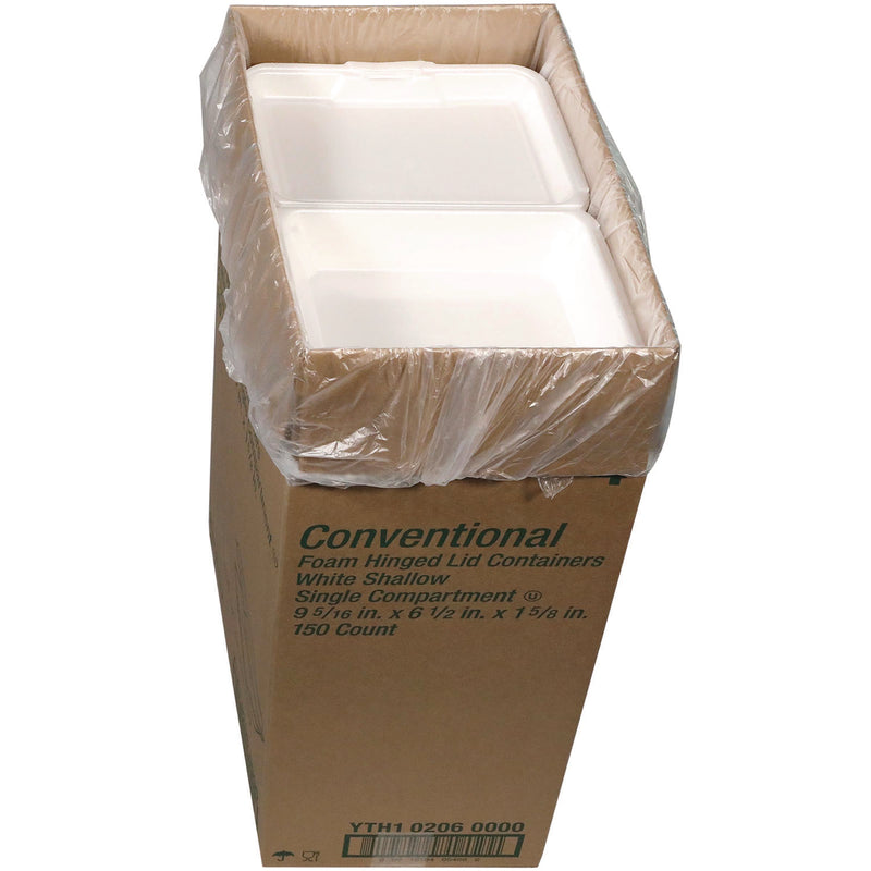 Pactiv Evergreen Conventional Foam Hinged Lid Container, Shallow, 9 x 6.5 x 1.6, White, 150/Carton (PCTYTH102060000) Case of 150