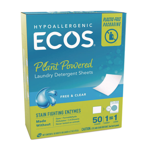 ECOS® Liquidless Laundry Detergent Sheets, Free and Clear, 50 Sheets/Pack, 10 Packs/Carton (EOP953710CT) Case of 10