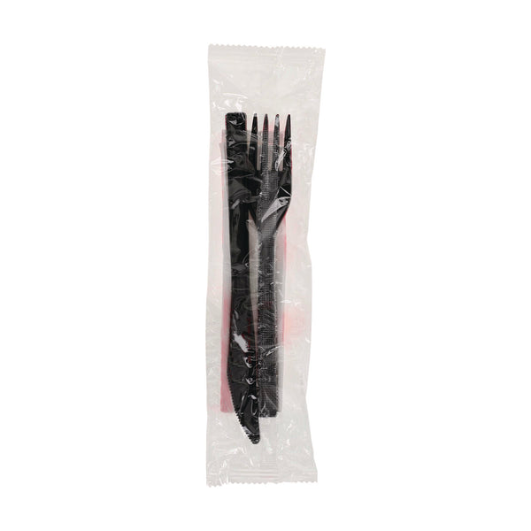 Pactiv Evergreen Gardenware Cutlery, Individually Wrapped, Fork, Knife, Napkin, Black, 500/Carton (PCTGKFKNECH) Case of 500