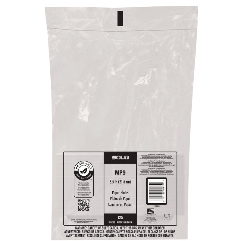 SOLO® Compostable Paper Dinnerware, ProPlanet Seal, Plate, 8.5" dia, White, 125/Pack (SCCMP9PLANETPK) Pack of 125
